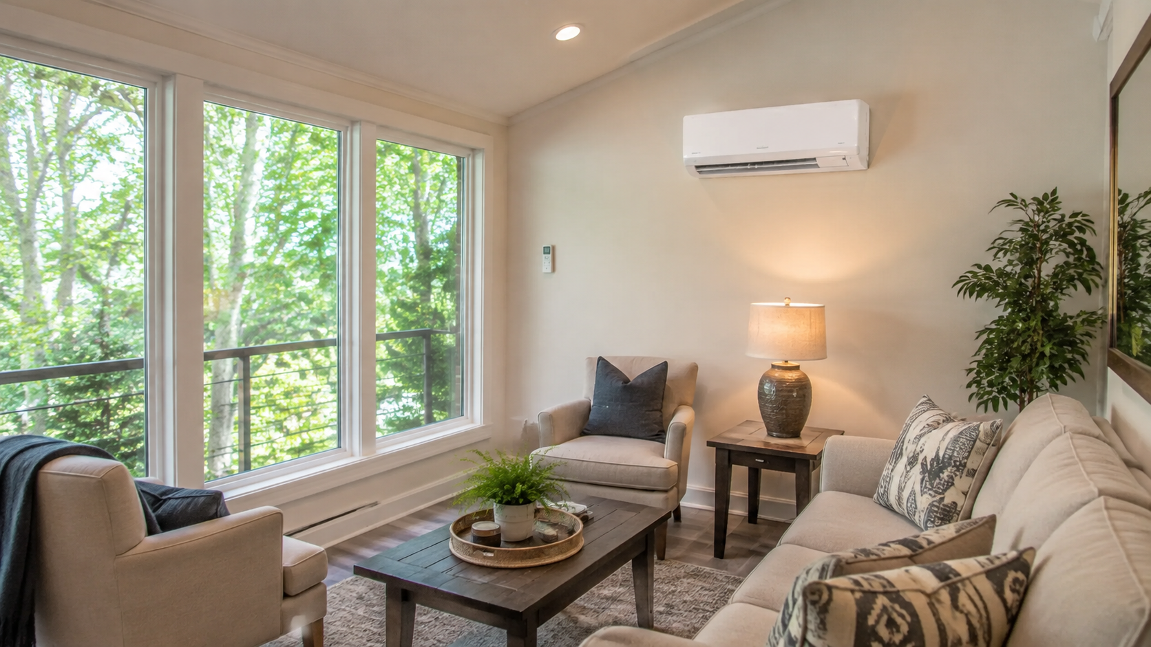 Outdoor air conditioner unit mounted on a brick wall with visible pipes and brackets