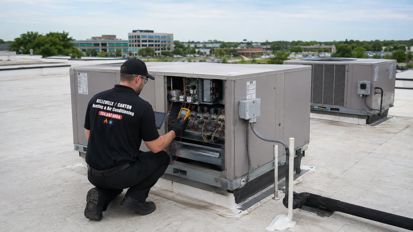 Large gray Daikin HVAC unit on a rooftop, with a person standing beside it on the right.