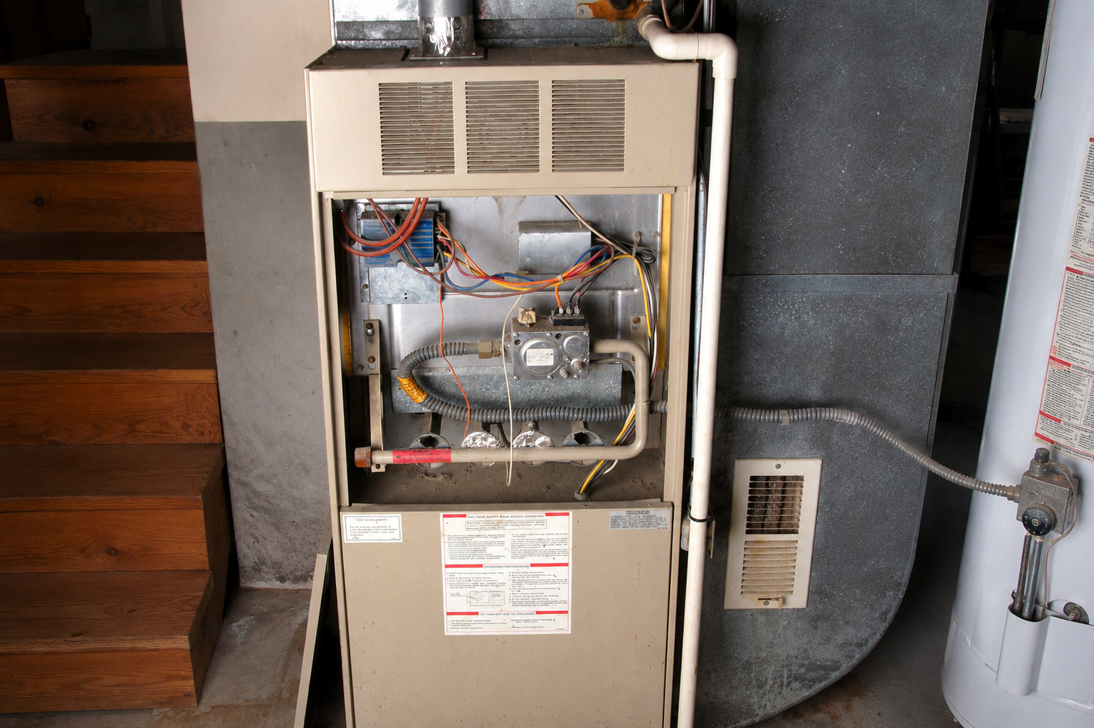 Open furnace with exposed components in a utility room, beside a water heater and stairs.