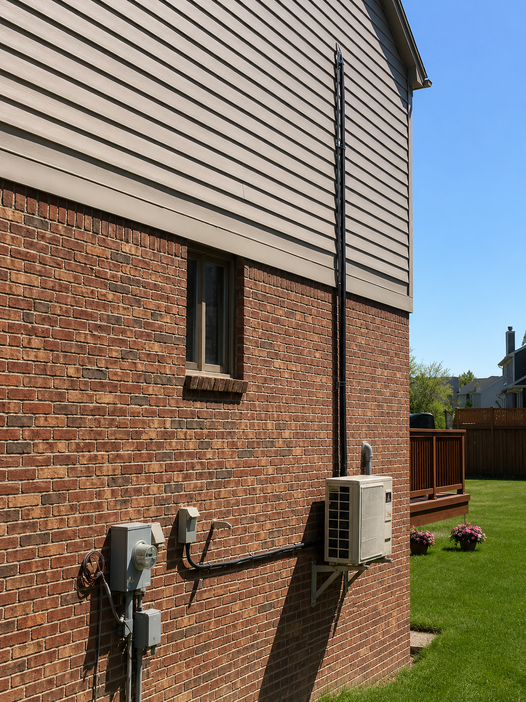 Side of a brick and beige house with utility meters, grass yard, and a fence under a blue sky