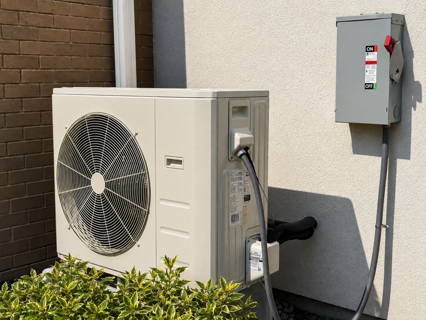 Outdoor HVAC unit beside house exterior with utility meters and conduits on gravel