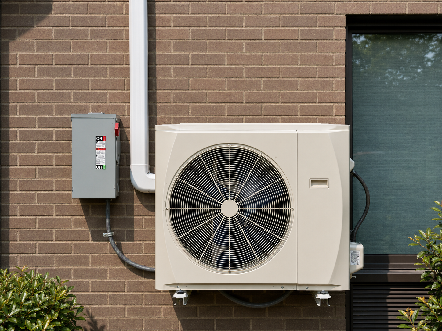 Two outdoor HVAC units beside a brick building with electrical boxes and patchy grass nearby