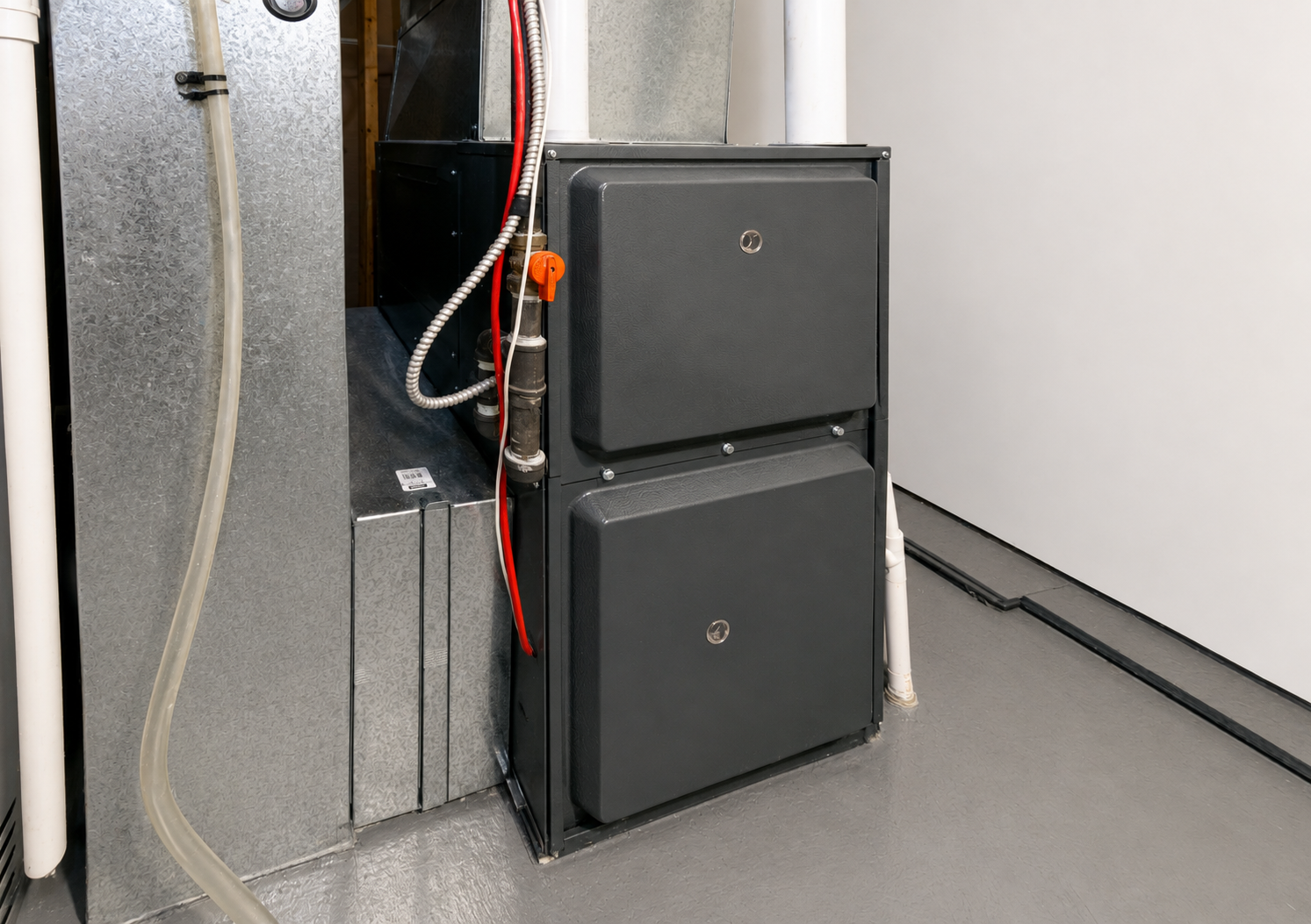 Red boiler unit in a basement with copper pipes and a wall-mounted tank above it