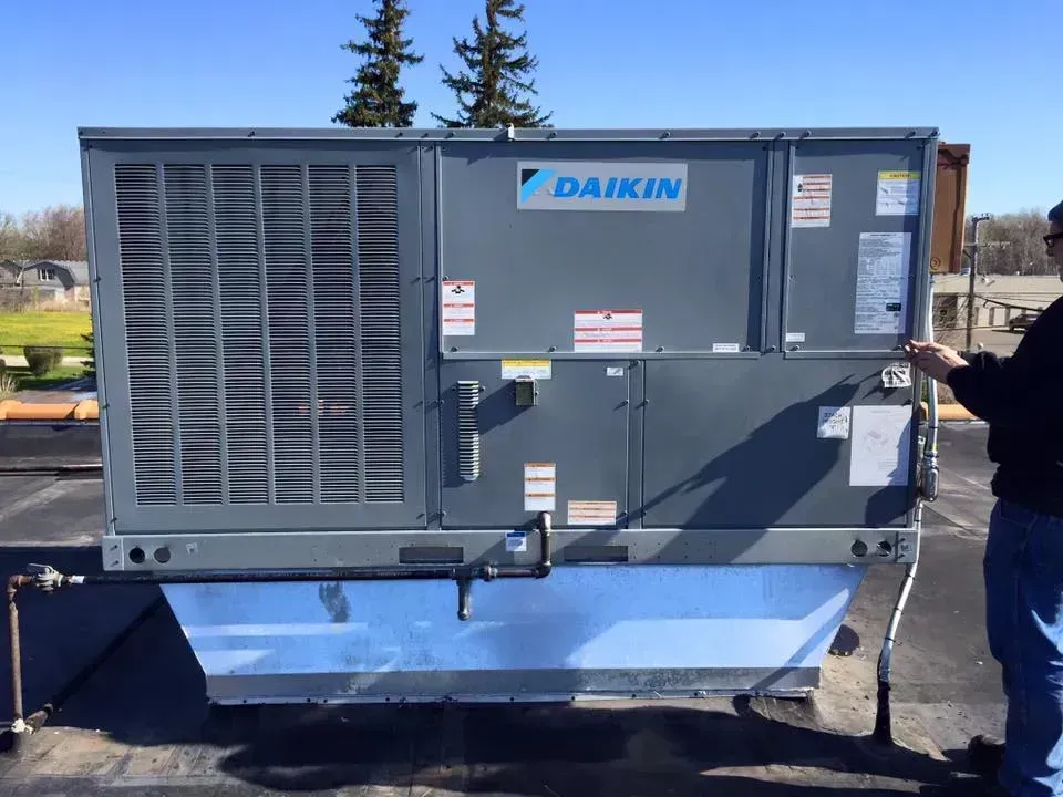 Blue Daikin industrial HVAC unit on a rooftop, with a person standing beside it and trees in the background.