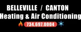 Belleville/Canton Heating & Air Conditioning ad with 734.697.0004 phone number on black background
