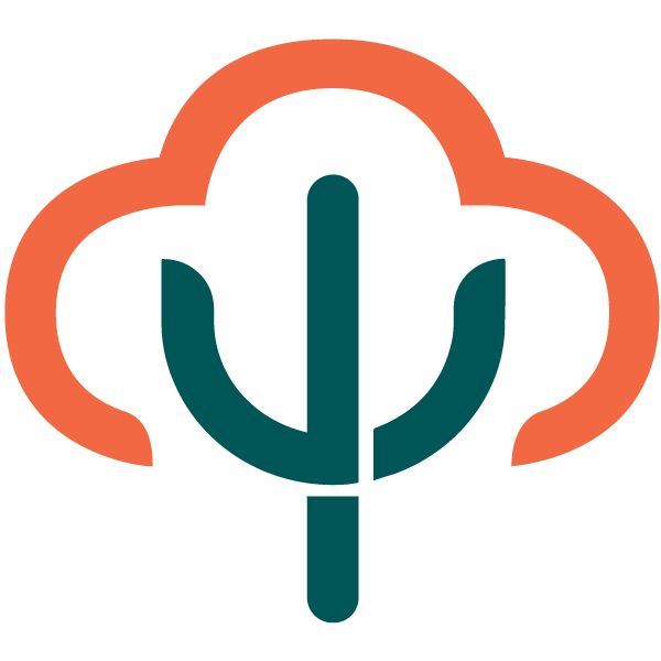 Teal cactus inside an orange cloud outline on a white background