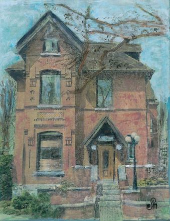 A painting of a brick house with a tree in the background