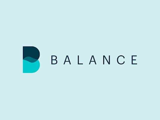 A logo for balance with a blue b on a blue background.