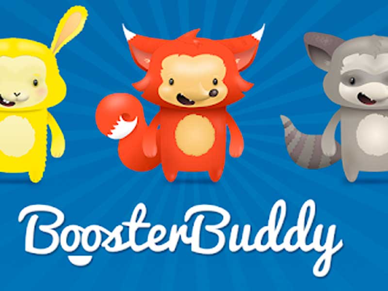 A fox a rabbit and a raccoon on a blue background with the word booster buddy