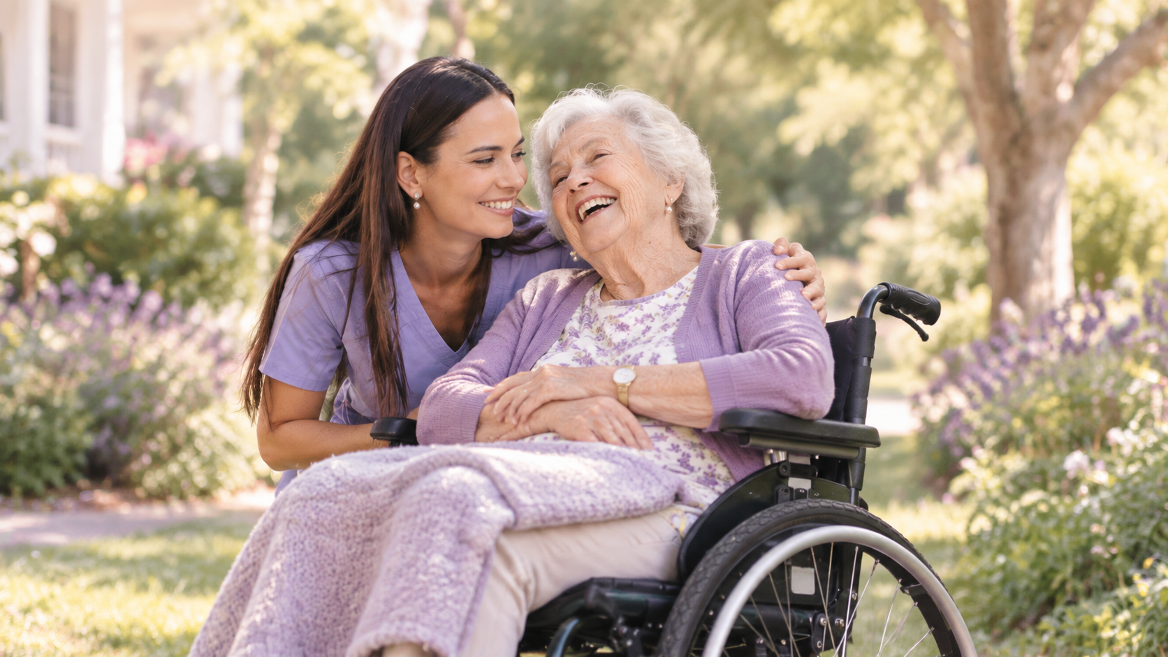 Nurse talking with a smiling patient in a wheelchair beside a brick wall