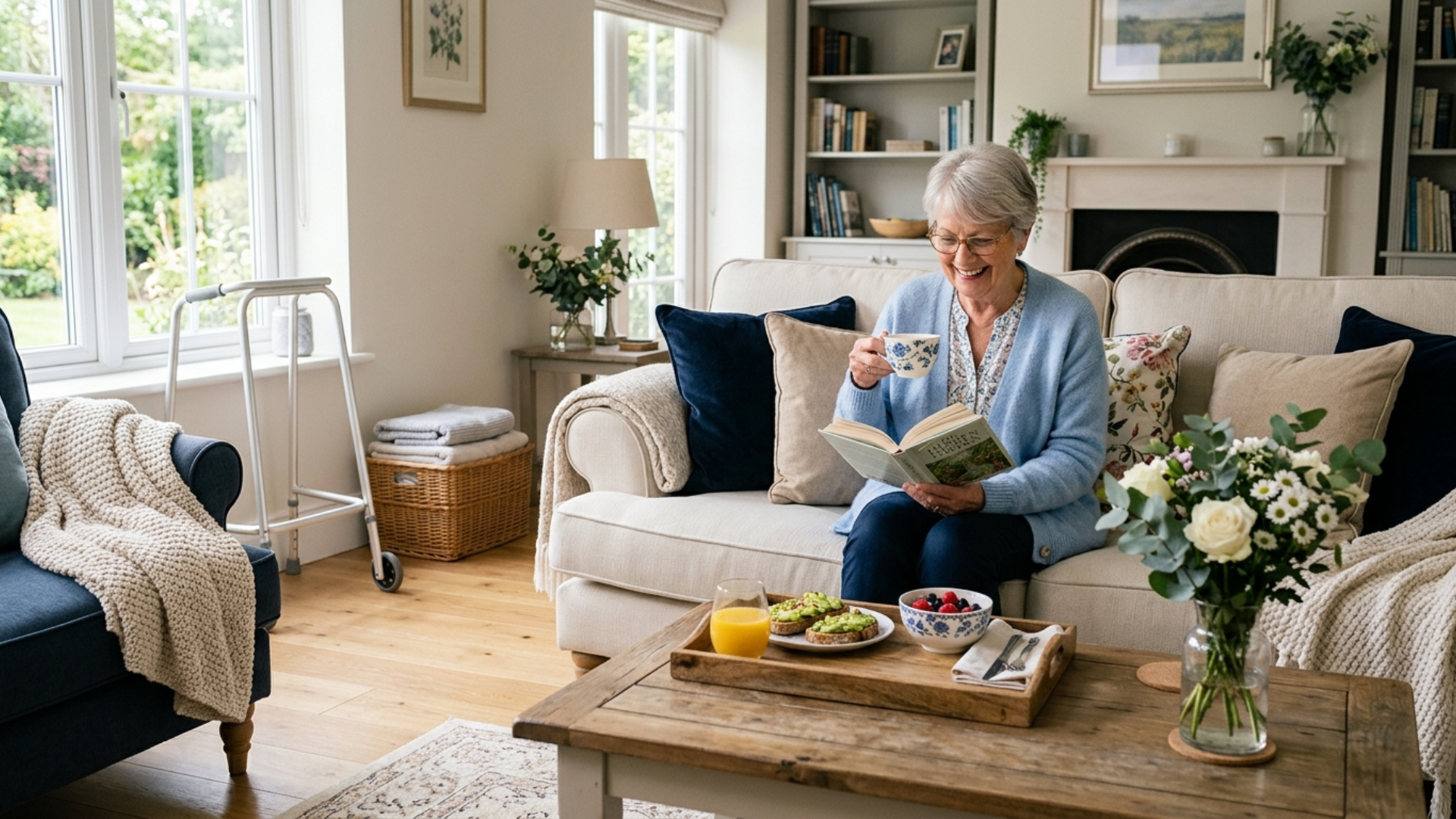 Caregiver helping an elderly woman rise from a chair in a home setting