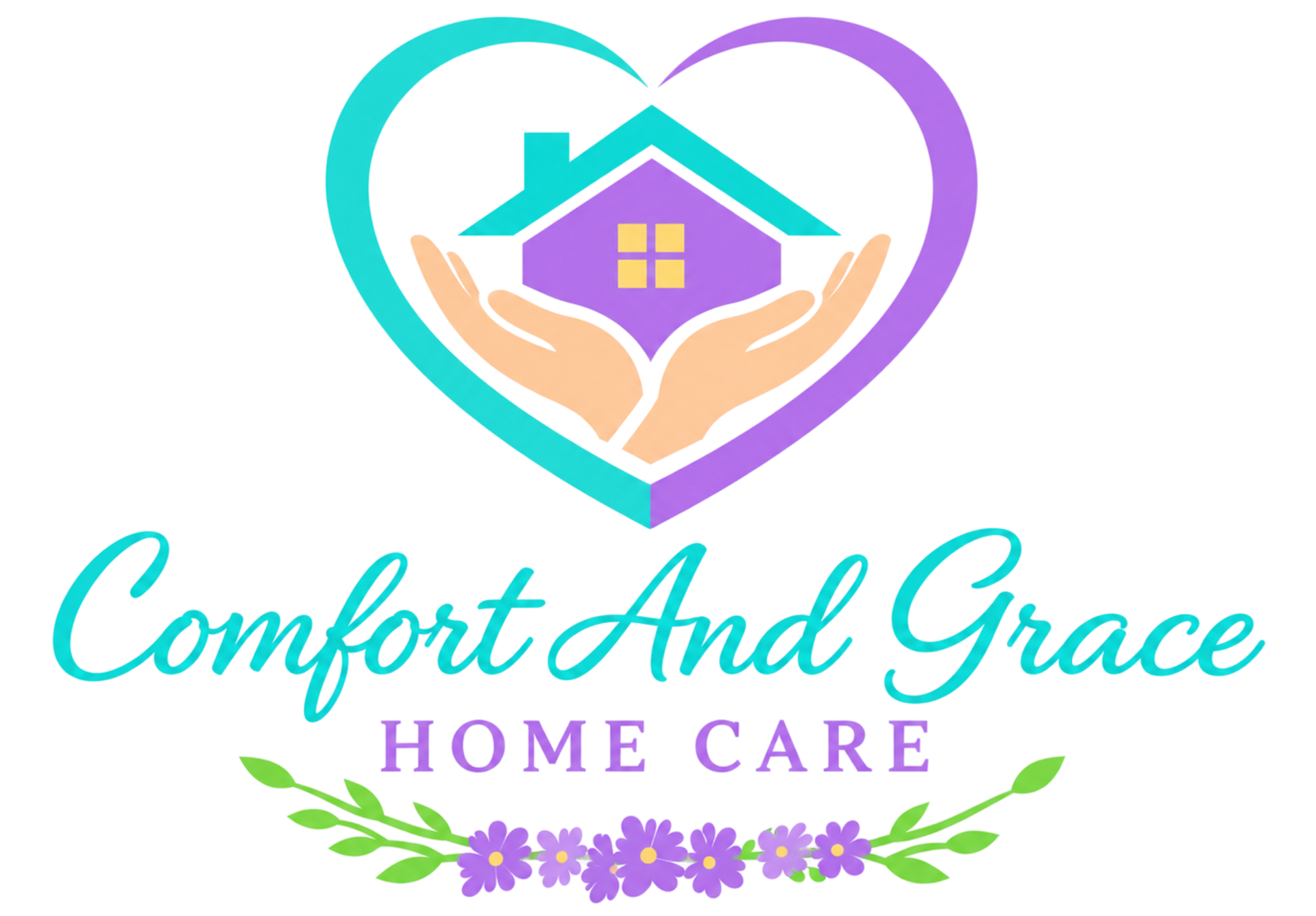 Comfort And Grace Home Care logo with heart, house, and hands in teal, purple, and pink