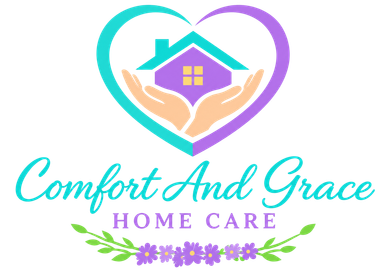 Comfort And Grace Home Care logo with heart, house, and hands in teal, purple, and pink