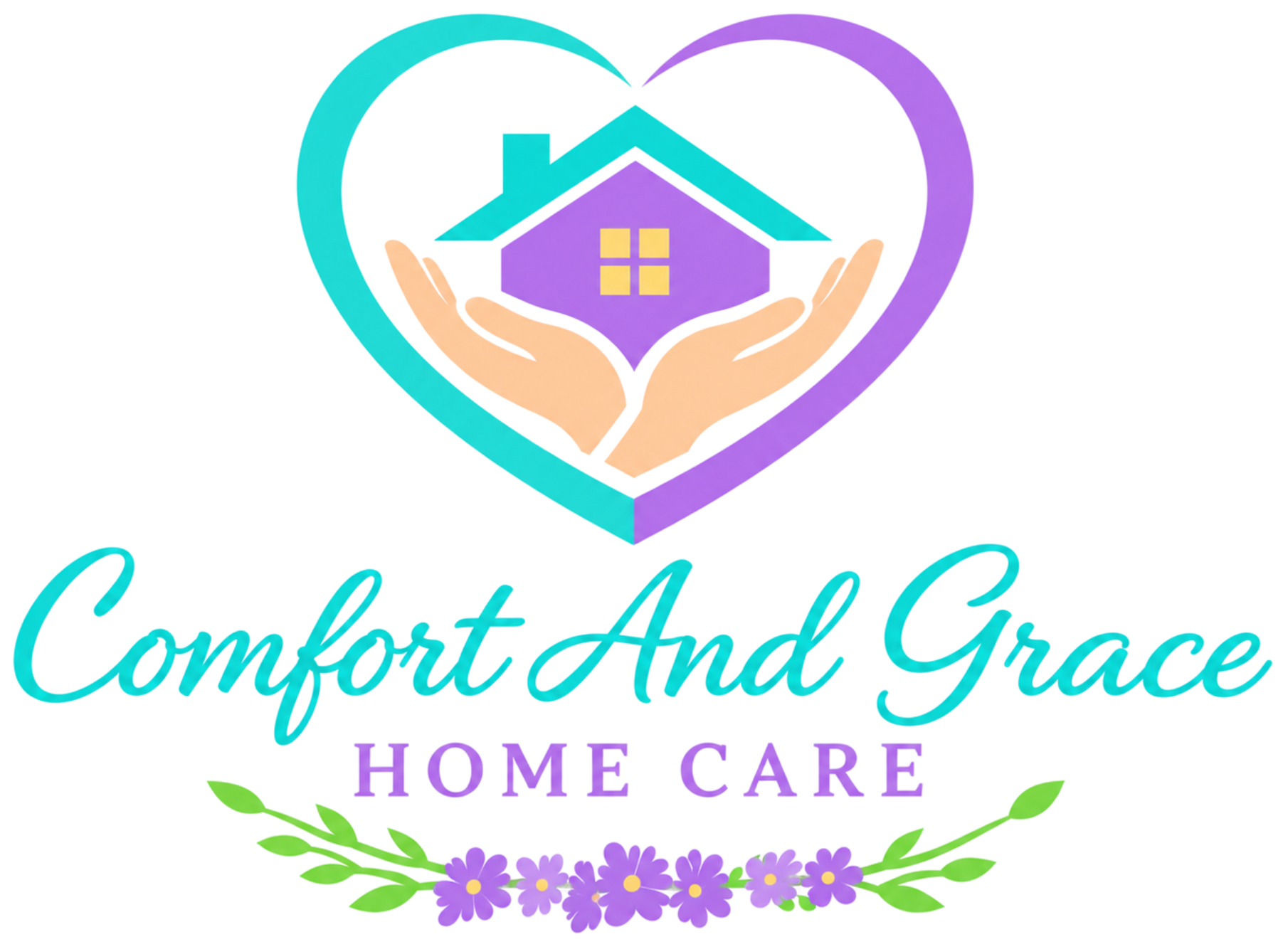 Comfort and Grace Home Care logo with heart, house, hands, and floral accents in teal, purple, and green