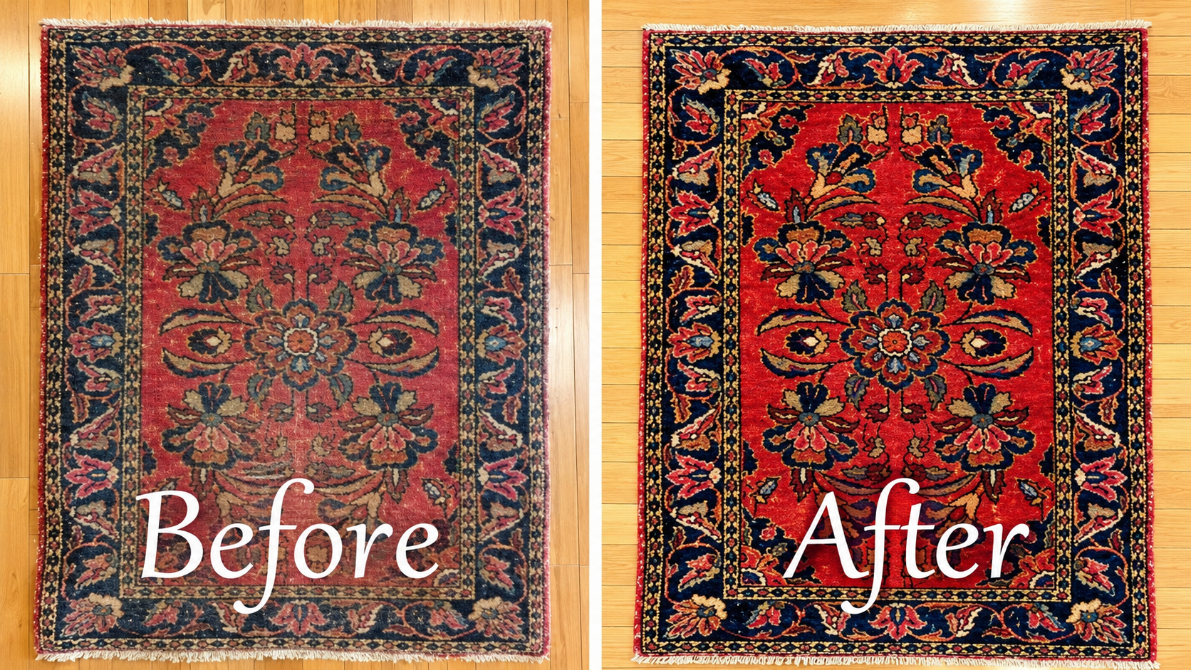 Side-by-side before-and-after rug images, showing a faded red carpet restored to richer colors