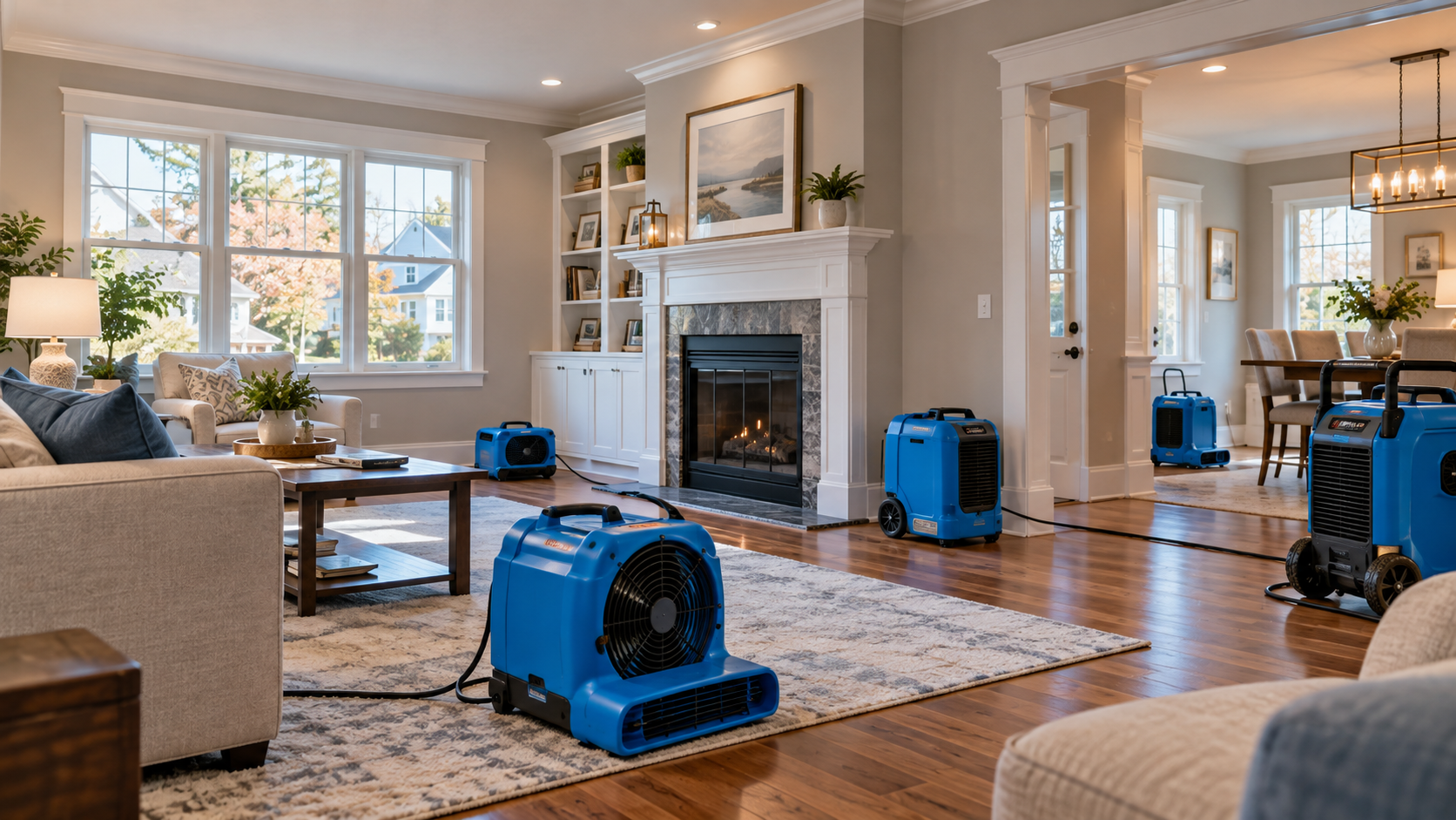 Flooded living room with standing water, damaged floor, and a large water extraction machine