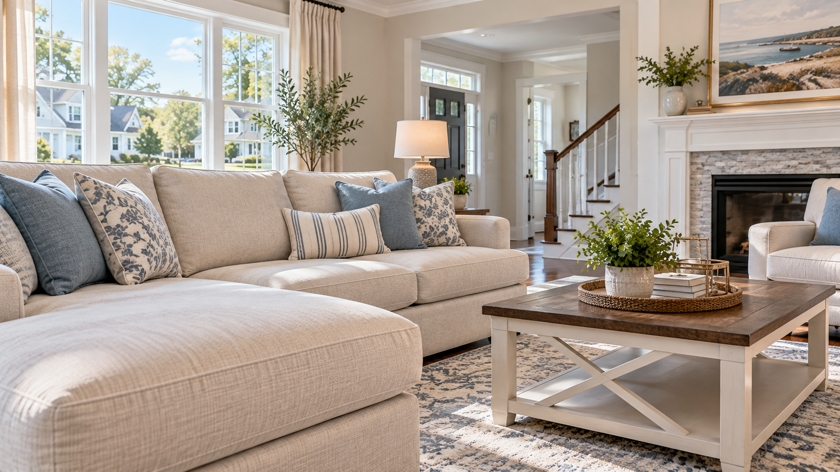 Beige upholstered armchair with a cream seat cushion and rounded backrest