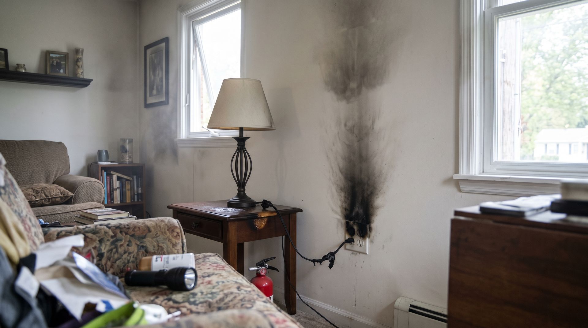 Living room with two armchairs, lamp on side table, window, and a smoke stain on the wall