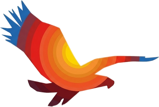 Stylized multicolor bird in flight with red, orange, yellow, and blue feathers on a white background