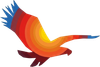 Stylized multicolor bird in flight with red, orange, yellow, and blue feathers on a white background