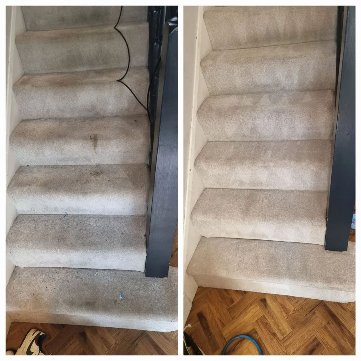 Two carpeted staircases side by side, one with a loose black cable along the railing.