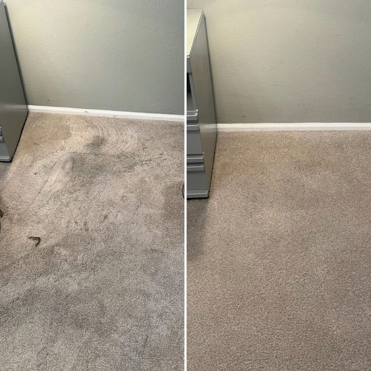 Side-by-side carpet floor before and after cleaning, with a visible stain removed.