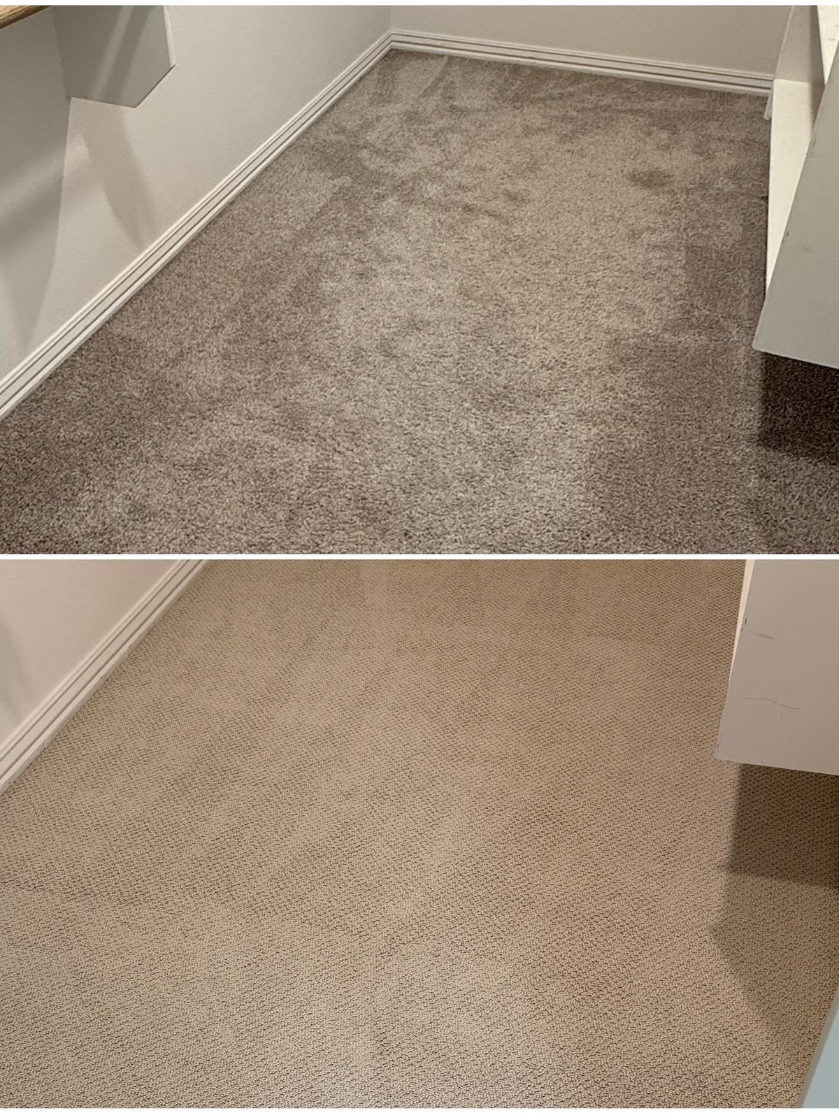 Carpeted hallway shown in a before-and-after comparison, with gray carpet above and beige carpet below.