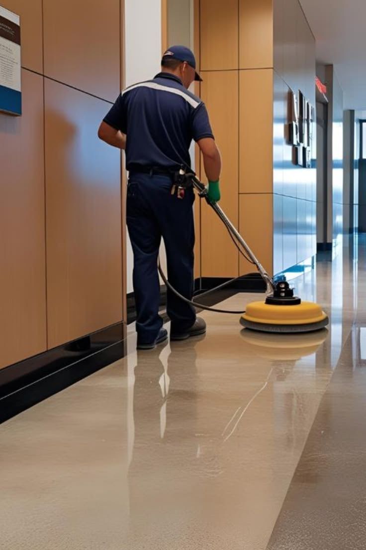 Janitor polishing a hallway floor with a buffer in an office corridor