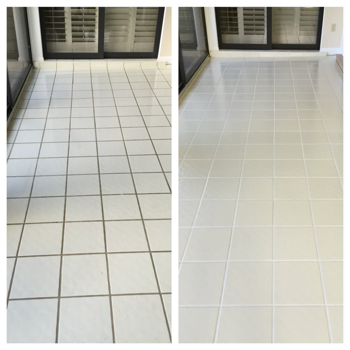 Side-by-side tiled patio floor before and after cleaning.