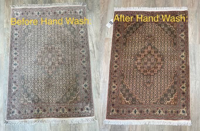 Before-and-after rug cleaning: gray carpet on left, restored brown patterned rug on right.