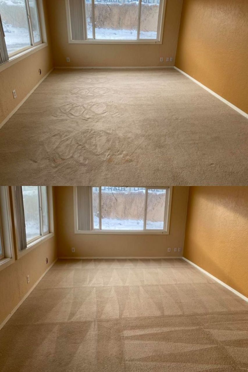 Empty beige bedroom with carpet before-and-after cleaning, shown in a split comparison