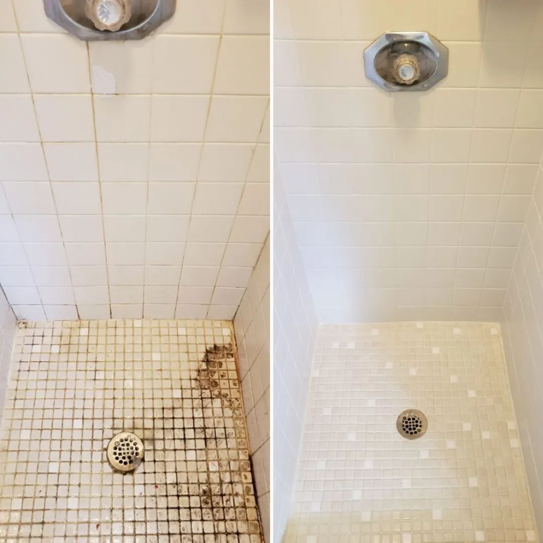 Before-and-after shower stall with beige tile, showing a stained floor and a cleaned floor.
