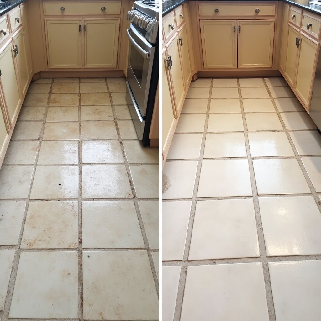 Kitchen floor tiles shown before and after cleaning, with the right side much brighter and cleaner.