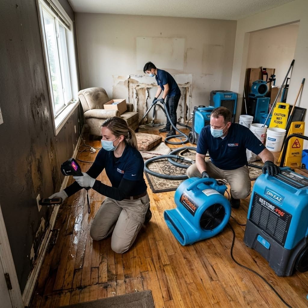 Workers cleaning water-damaged room with extraction vacuums and fans scattered across the floor