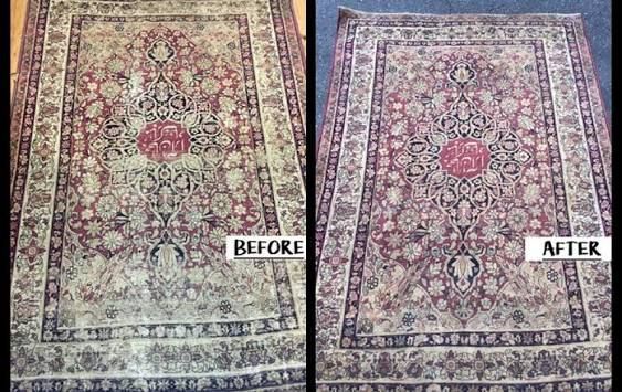 Side-by-side rug comparison: faded beige rug labeled “before” and restored pinkish rug labeled “after”