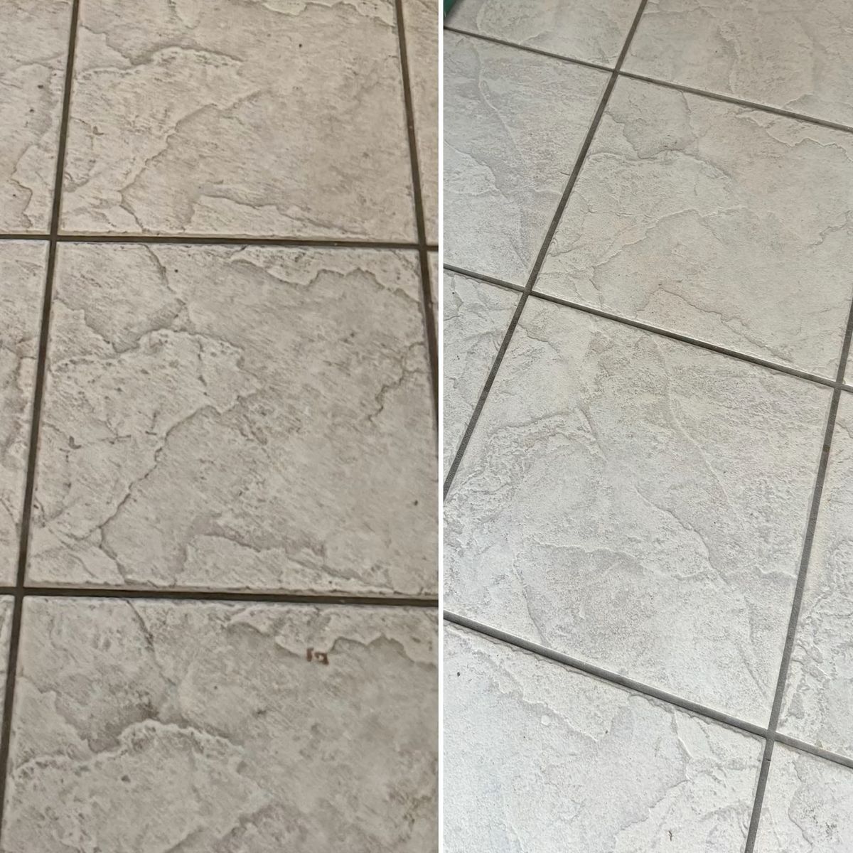 Close-up of beige textured floor tiles with grout lines, shown in two side-by-side views.