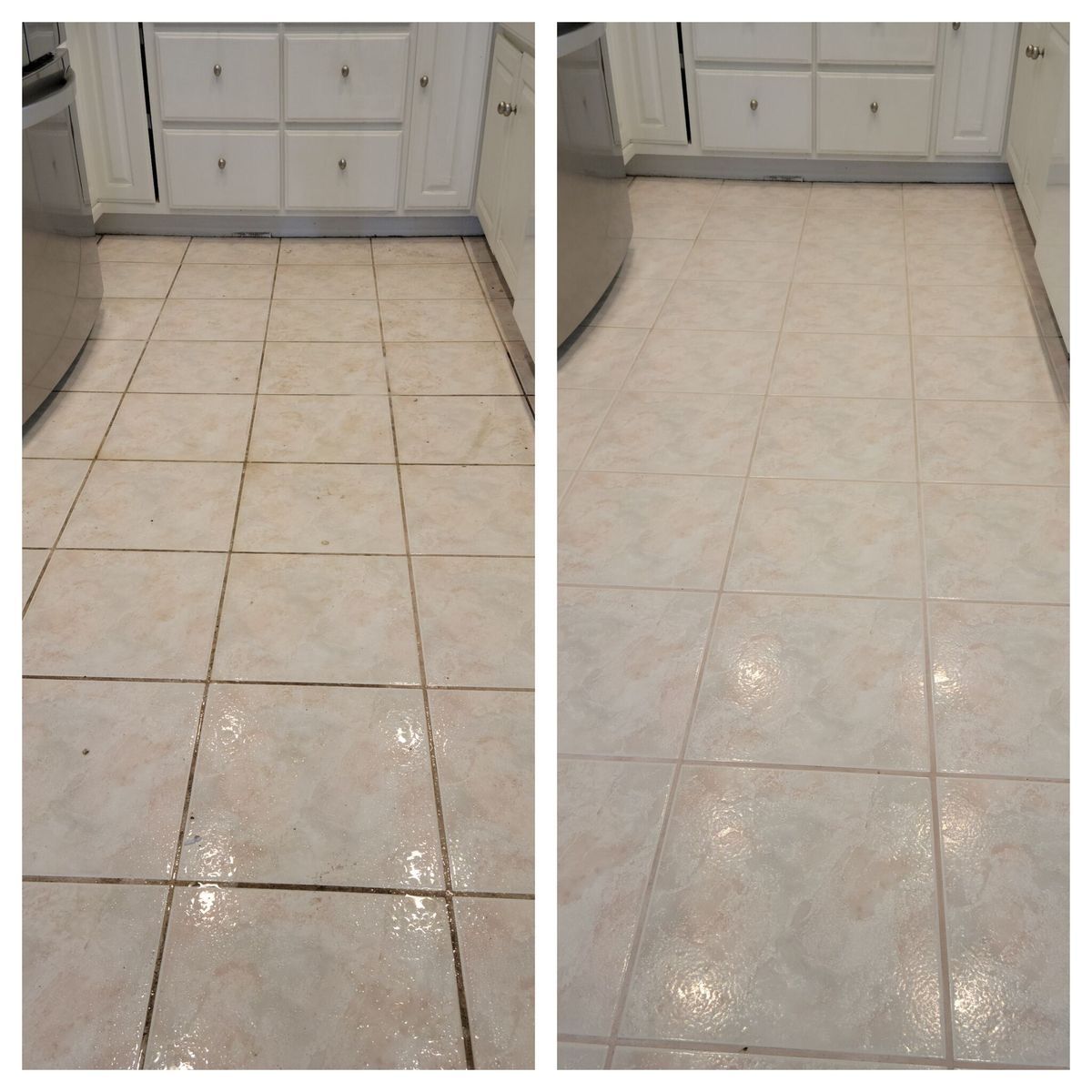 Side-by-side view of a tiled floor before and after cleaning, with a cabinet at the back.