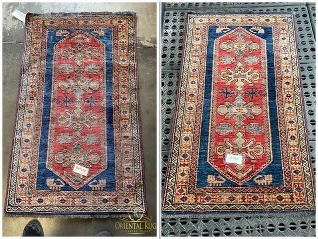 Two side-by-side views of a red and blue patterned runner rug on a gray floor.