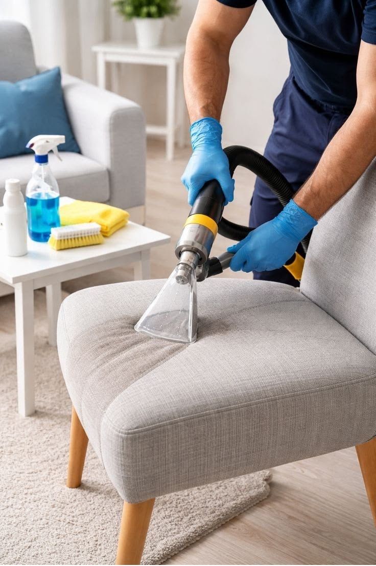 Person cleaning a gray upholstered chair with a carpet extractor in a living room
