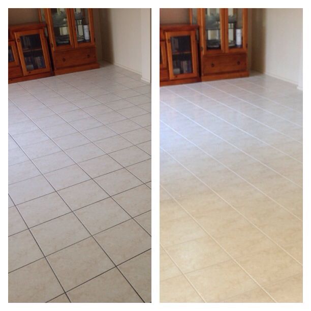 Split view of a tiled floor: left cool-toned, right warmer yellow-tinted, with wooden cabinets in the background