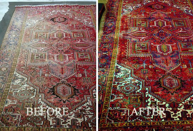 Side-by-side rug comparison labeled “Before” and “After,” showing brighter colors and improved contrast.