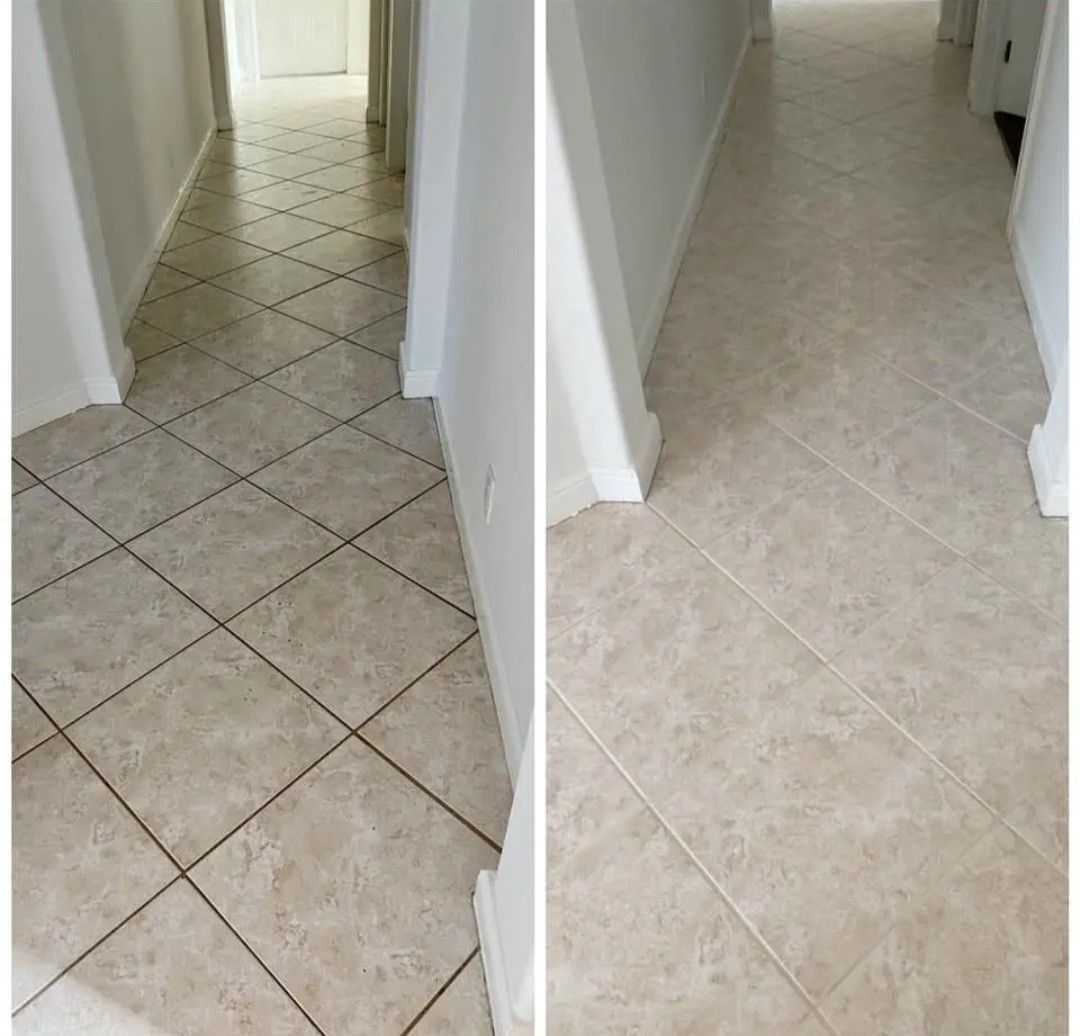 Split-view hallway floor before-and-after: older diamond tile on left, new light beige tile on right.