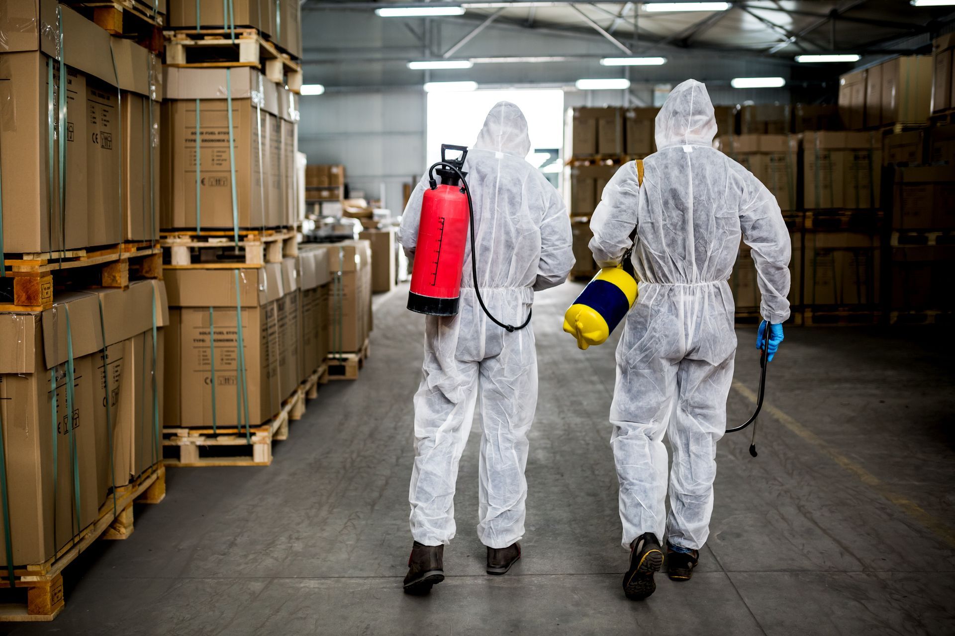 Two pest control workers in protective suits spray insecticide in a warehouse. Two pest control workers in protective suits spray insecticide in a warehouse.