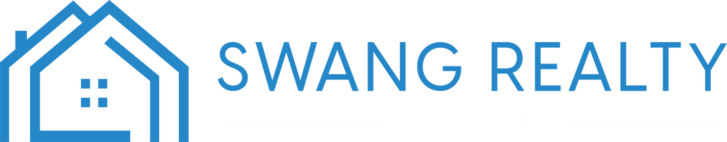 A blue and white logo for a real estate company called swang realty.