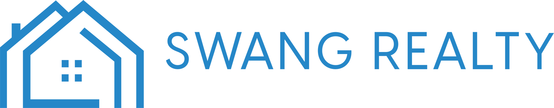 A blue and white logo for a real estate company called swang realty.