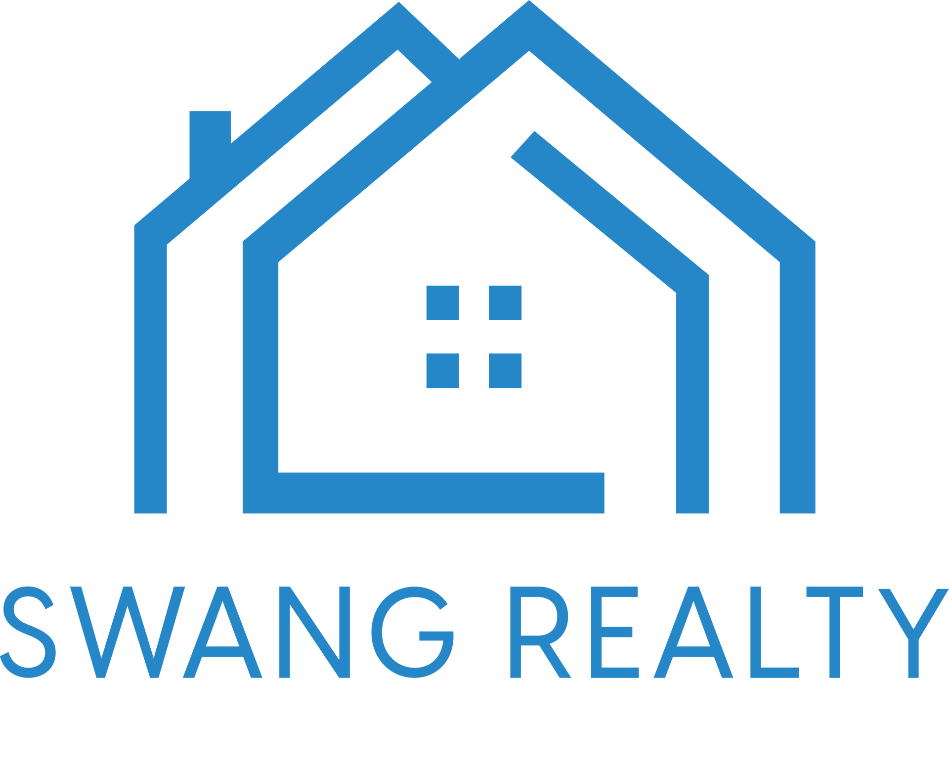 The logo for swang realty is a blue house with a window.