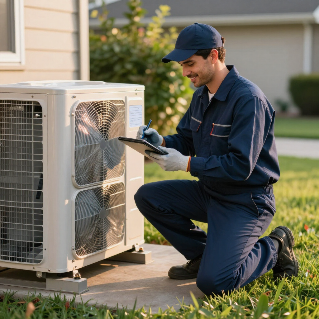 Technician in blue uniform kneels beside outdoor AC unit, inspecting it with a clipboard in a yard.
