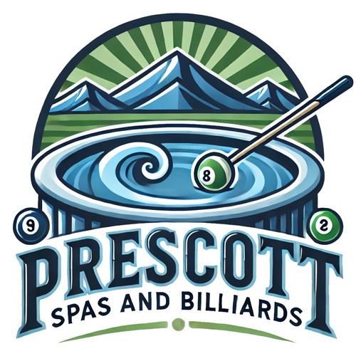 Logo for Prescott Spas and Billiards: hot tub with a pool cue, mountains, and the text.