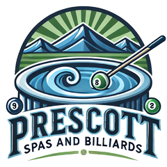 Logo for Prescott Spas and Billiards: hot tub with a pool cue, mountains, and the text.