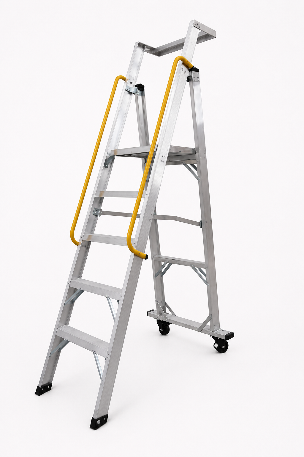 Escalera de tijera con plataforma y ruedas en aluminio certificada